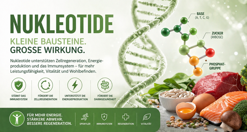 Infografik zu Nukleotiden mit Darstellung von DNA-Struktur, Molekülmodell und Lebensmitteln wie Fisch, Eiern und Hülsenfrüchten zur Unterstützung von Energie, Zellregeneration und Immunsystem