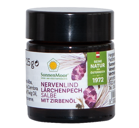 Dose SonnenMoor Lärchenpechsalbe – 50 ml in einer praktischen Dose, die die natürliche Pflege mit Lärchenpech zur Unterstützung der Hautregeneration und Linderung von Hautirritationen zeigt.