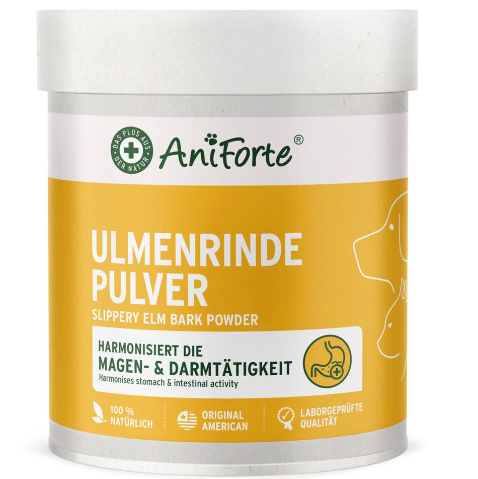 Ulmenrinde Pulver unterstützt die Magen-Darm-Gesundheit von Hund, Katze und Pferd. Es harmonisiert den Verdauungstrakt auf natürliche Weise und fördert die Gesundheit.