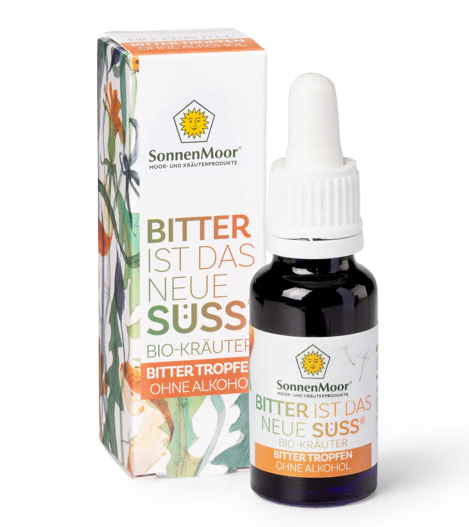 Die Bittertropfen ohne Alkohol von SonnenMoor zähmen die innere Naschkatze. Reine Biokräuter sorgen für Wohlbefinden durch natürliche Bitterstoffe.