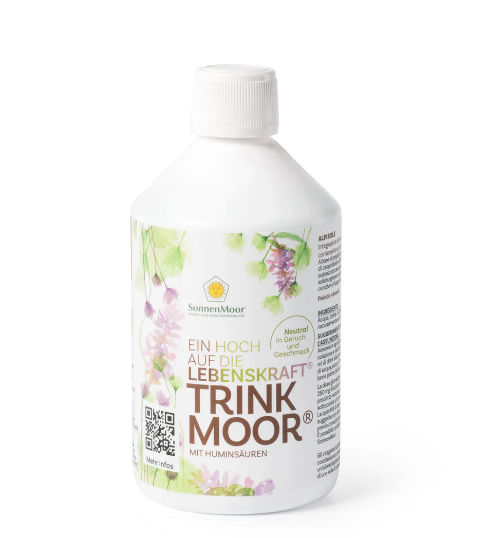 Flasche SonnenMoor TrinkMoor – 500 ml in einer praktischen Flasche, die das natürliche Moor zur Förderung der allgemeinen Gesundheit und Vitalität zeigt