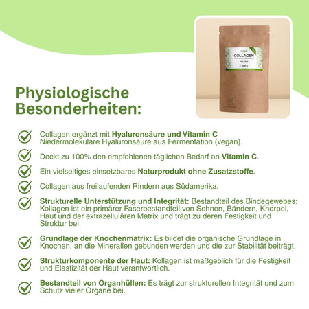 Collagen Pulver aus Rind – effektiver Komplex aus Collagenpeptiden, Hyaluronsäure und Vitamin C, stärkt Bindegewebe, Haut, Knochen und sorgt für frische Ausstrahlung.