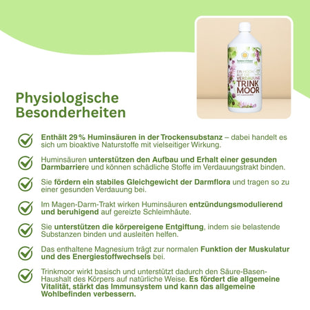 SonnenMoor Trinkmoor mit Huminsäure – antioxidativ wirksam, stärkt die Immunabwehr und harmonisiert das Mikrobiom für ganzheitliches Wohlbefinden.