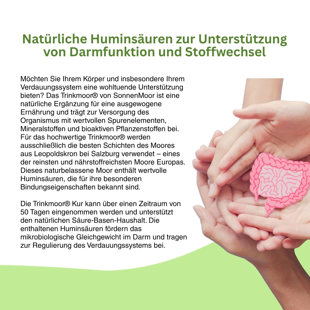 SonnenMoor Trinkmoor – unterstützt die körpereigene Entgiftung, reduziert oxidativen Stress und trägt zur Regeneration der Darmschleimhaut bei.