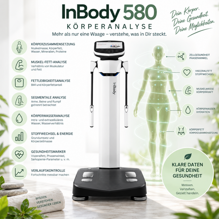 InBody 580 Körperanalyse zur Messung von Muskelmasse, Körperfett, Viszeralfett, Körperwasser, Phasenwinkel und Grundumsatz mit persönlicher Auswertung.