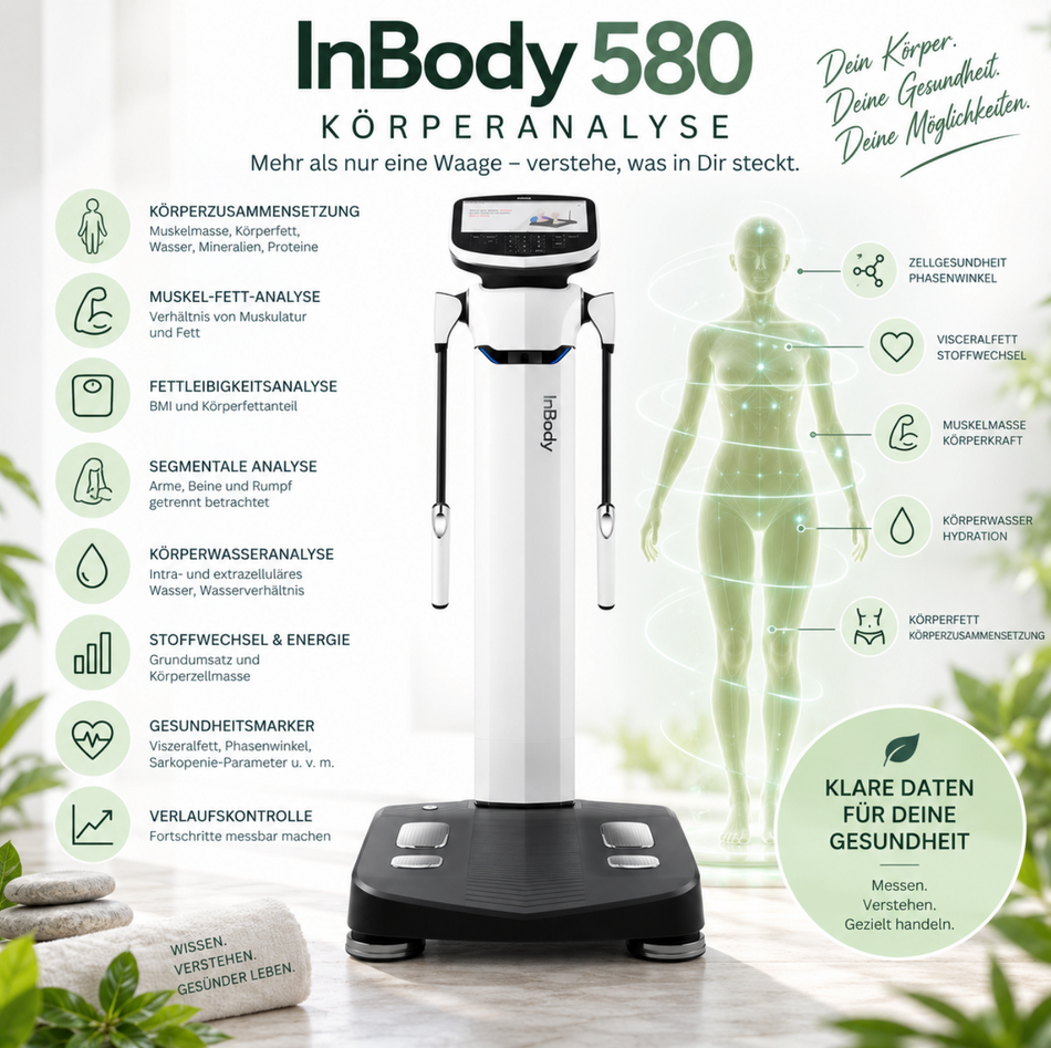 InBody 580 Körperanalyse zur Messung von Muskelmasse, Körperfett, Viszeralfett, Körperwasser, Phasenwinkel und Grundumsatz mit persönlicher Auswertung.